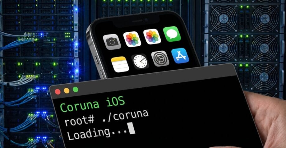 A hand holds a device showing a terminal with Coruna iOS in front of a smartphone and server racks in a data center.
