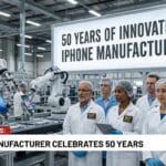 A group of lab workers stands by an assembly line with iPhones, under a sign reading 50 Years of Innovation: iPhone Manufacturing.