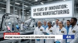 A group of lab workers stands by an assembly line with iPhones, under a sign reading 50 Years of Innovation: iPhone Manufacturing.