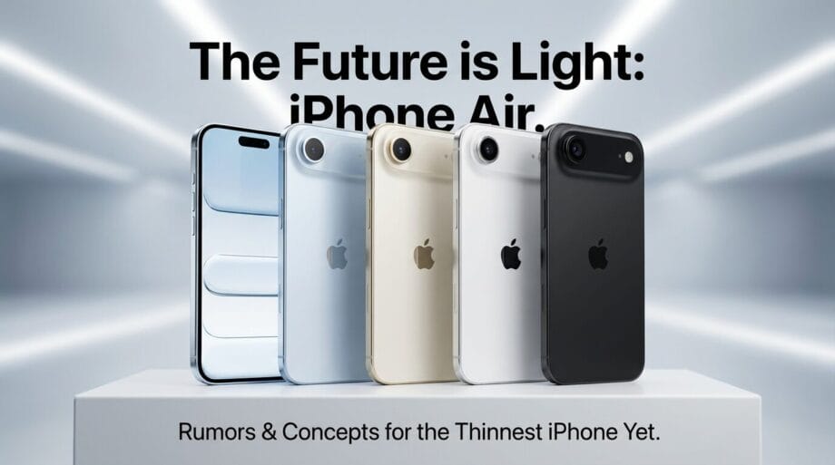 Five iPhone Air concept phones in different colors are displayed in a futuristic corridor with the text, The Future is Light: iPhone Air.
