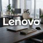 A modern office with desks, computers, and plants. The word Lenovo is prominently displayed in the center.