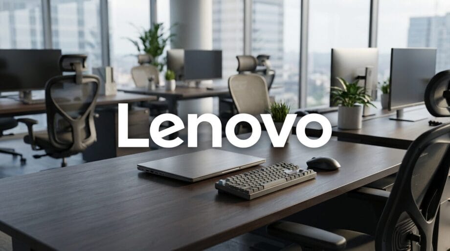 A modern office with desks, computers, and plants. The word Lenovo is prominently displayed in the center.