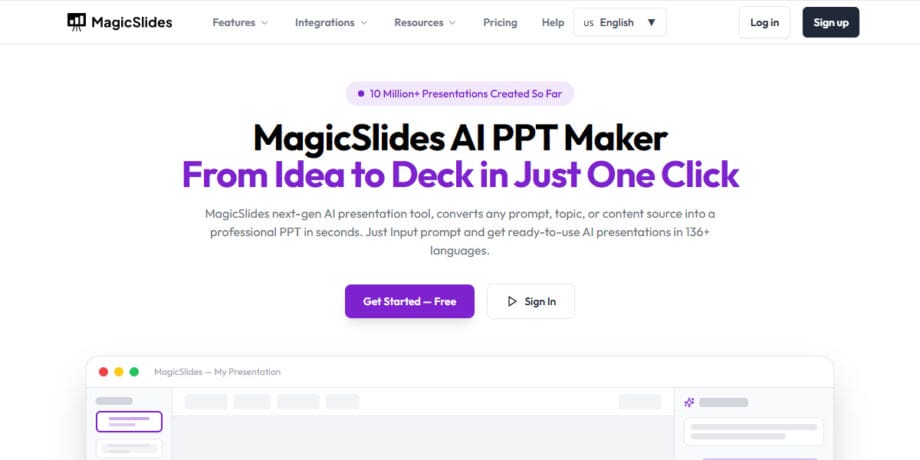 Screenshot of MagicSlides AI webpage promoting its AI-powered PPT maker, offering instant professional presentations in over 135 languages.