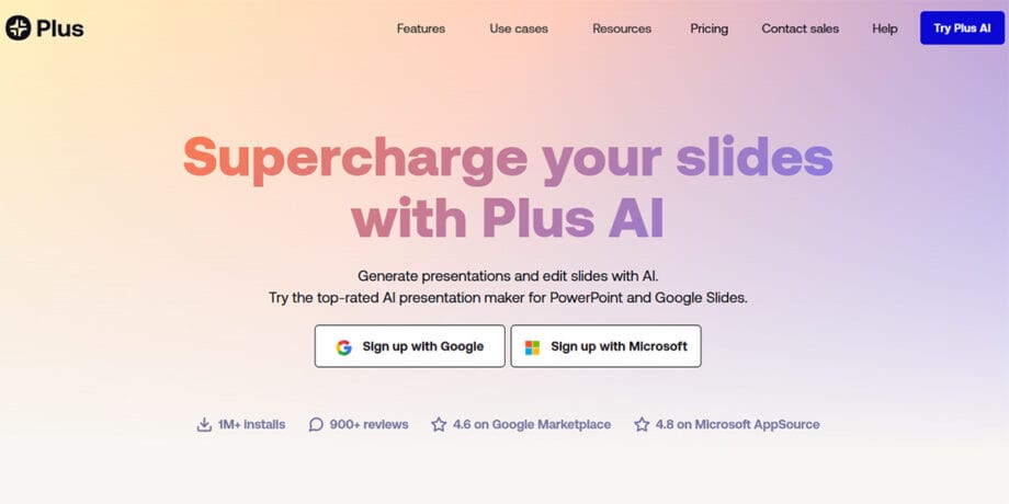 Plus AI website homepage promoting its AI-powered slide creation tool, with sign-in options for Google and Microsoft accounts.