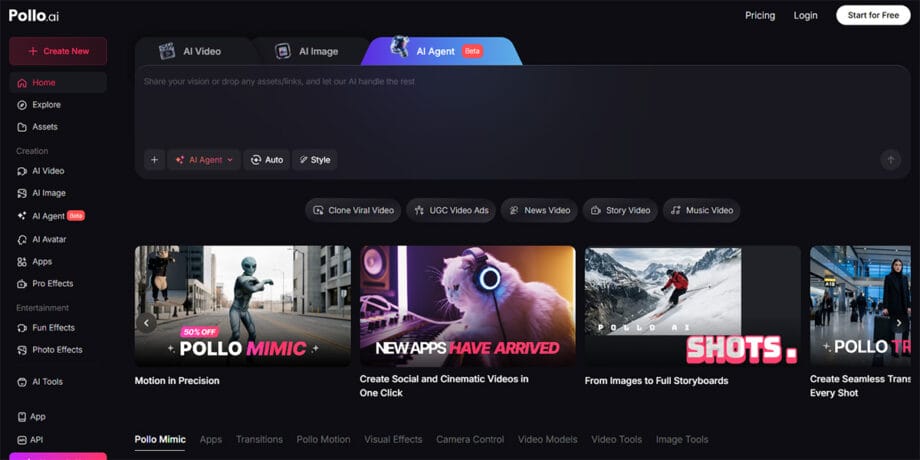 Screenshot of the Pollo.ai website homepage, showing video creation tools, navigation menu, and featured video templates.