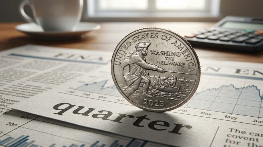 A 2023 U.S. quarter stands on edge atop a newspaper with the word quarter visible; a calculator and coffee cup are in the background.