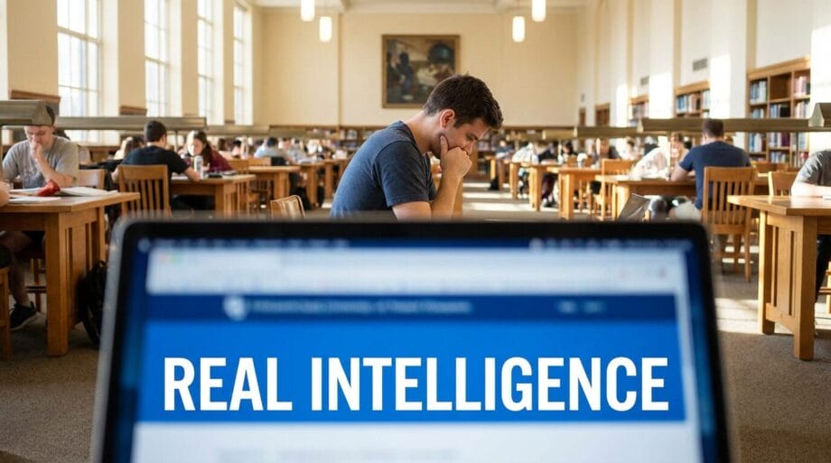 Students study at desks in a library; a laptop in the foreground displays the words REAL INTELLIGENCE on its screen.