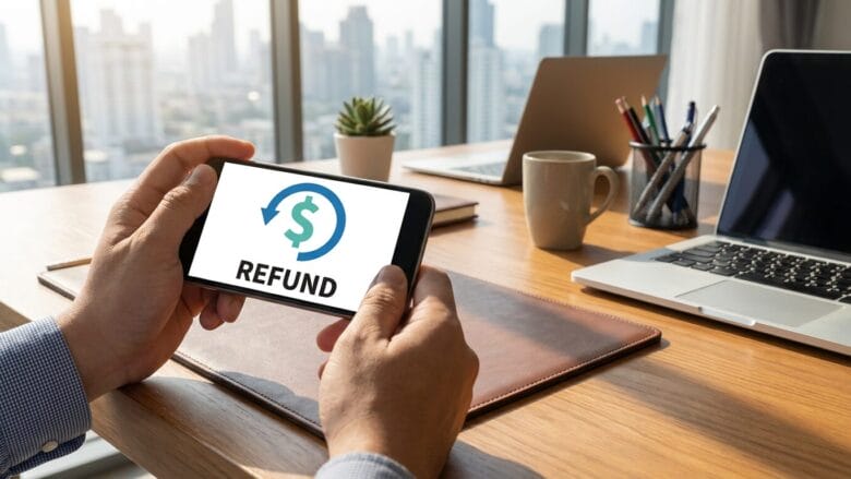 Person holding a smartphone displaying a refund icon at a desk with a laptop, coffee cup, notebook, and city view in the background.