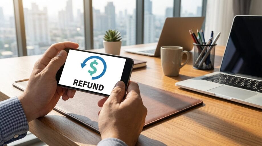 Person holding a smartphone displaying a refund icon at a desk with a laptop, coffee cup, notebook, and city view in the background.