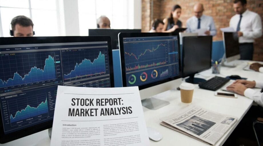 Office with multiple monitors displaying stock charts; a report titled Stock Report: Market Analysis is in the foreground.