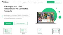 Screenshot of the Printbox website showing Masterpiece AI for selling personalized AI-generated products, with demo booking options.