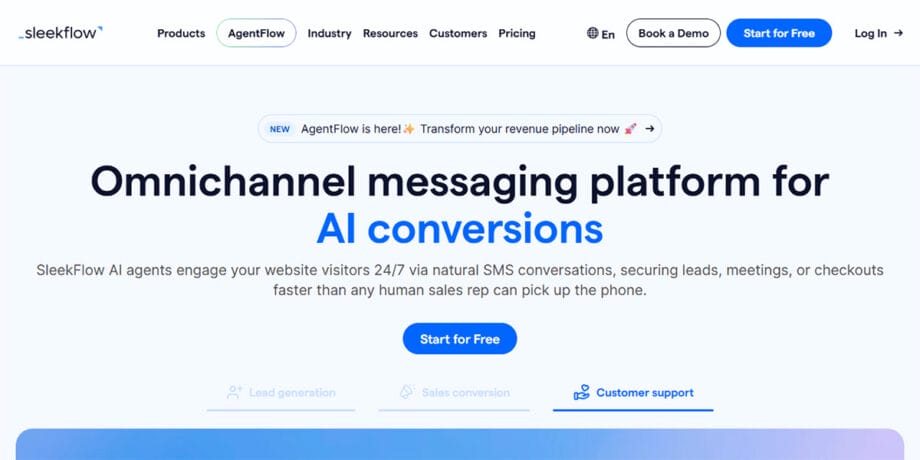 Screenshot of SleekFlow website highlighting its AI omnichannel messaging platform, with options for product info, pricing, and a Start for Free button.