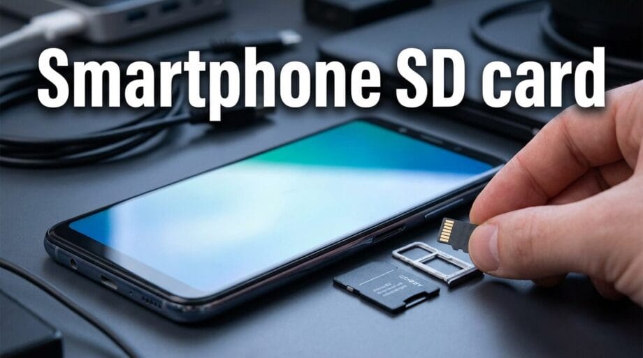 A person inserts a microSD card into a smartphone on a table with various electronic devices and cables.