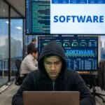 A person in a hoodie uses a laptop in an office with large screens displaying the word SOFTWARE and coding data.