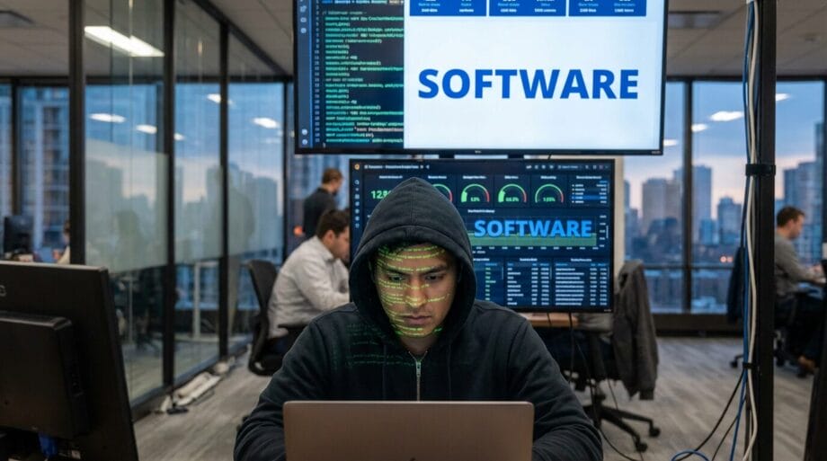 A person in a hoodie uses a laptop in an office with large screens displaying the word SOFTWARE and coding data.