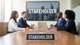 Four business professionals sit at a conference table with a STAKEHOLDER sign and presentation screen in a modern office.