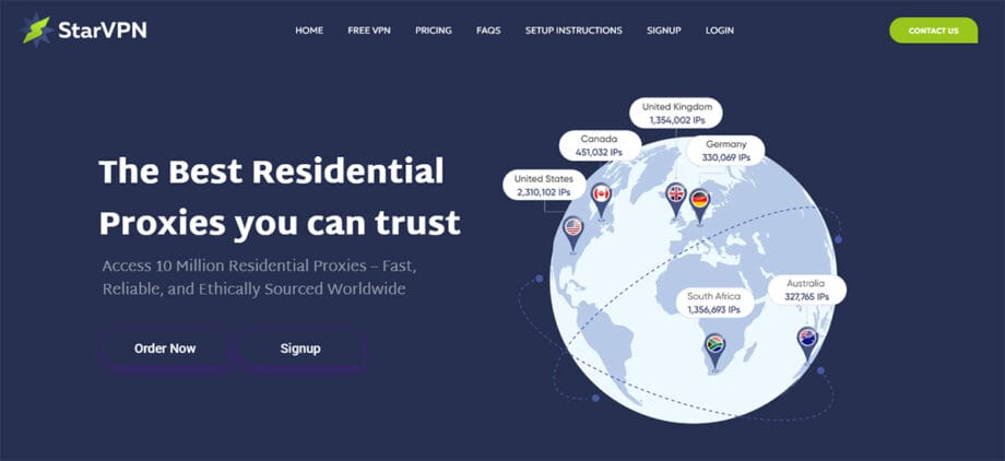 StarVPN website homepage showing global proxy IP locations on a world map with statistics and navigation menu.
