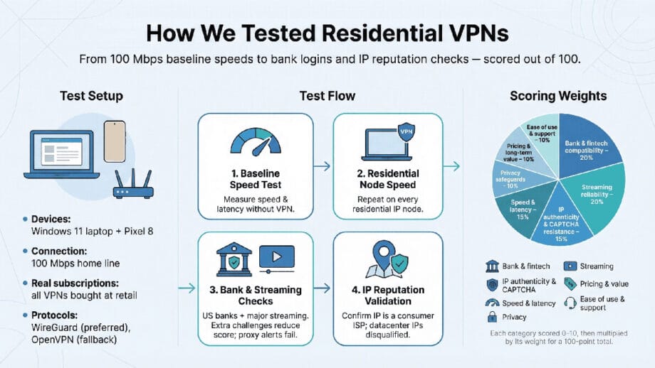 Infographic explaining residential VPN testing: setup, test flow with three steps, and scoring weights for speed, security, and streaming.