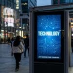 People walk in an urban area at dusk; a digital sign with a circuit board design displays the word TECHNOLOGY.