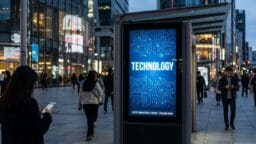 People walk in an urban area at dusk; a digital sign with a circuit board design displays the word TECHNOLOGY.
