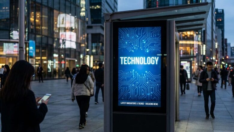 People walk in an urban area at dusk; a digital sign with a circuit board design displays the word TECHNOLOGY.