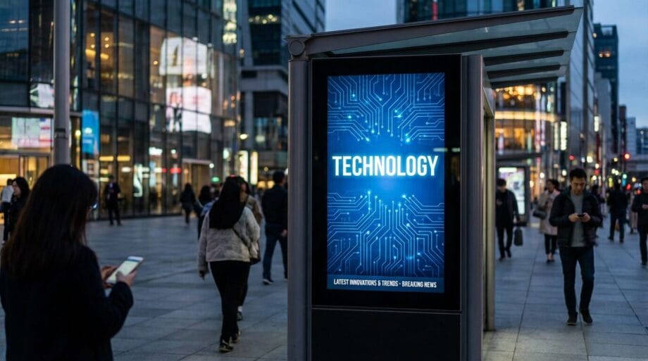 People walk in an urban area at dusk; a digital sign with a circuit board design displays the word TECHNOLOGY.