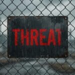 A metal sign with the word THREAT in red letters hangs on a chain-link fence in front of an industrial background.