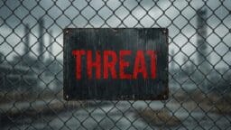 A metal sign with the word THREAT in red letters hangs on a chain-link fence in front of an industrial background.
