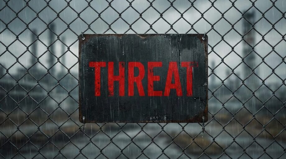 A metal sign with the word THREAT in red letters hangs on a chain-link fence in front of an industrial background.