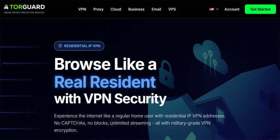 Screenshot of TorGuards homepage highlighting VPN security services with the headline Browse Like a Real Resident with VPN Security.