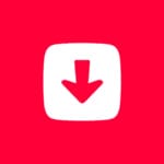 A red background with a white rounded square containing a bold downward arrow in the center representing Tubly Downloader logo.