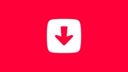 A red background with a white rounded square containing a bold downward arrow in the center representing Tubly Downloader logo.