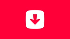 A red background with a white rounded square containing a bold downward arrow in the center representing Tubly Downloader logo.