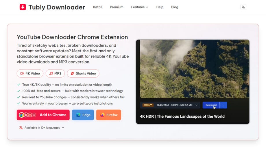 Screenshot of the Tubly Downloader website, showing a YouTube downloader extension with download options and a video preview.