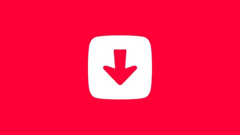 A red background with a white rounded square containing a bold downward arrow in the center representing Tubly Downloader logo.