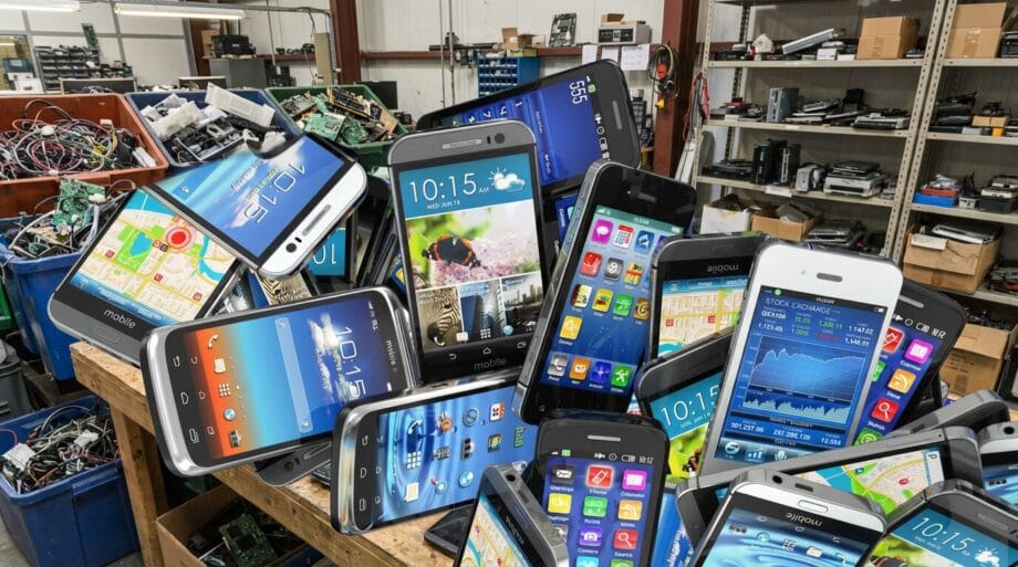 A pile of various old smartphones on a table in an electronics recycling facility with shelves and bins in the background.