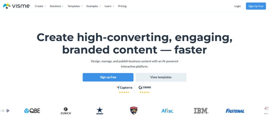 Screenshot of the Visme homepage highlighting tools to create branded content, with client logos and sign up buttons visible.