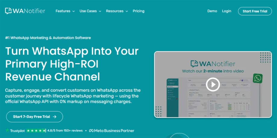 Screenshot of WANotifiers website homepage promoting WhatsApp marketing automation with a call-to-action to start a 7-day free trial.