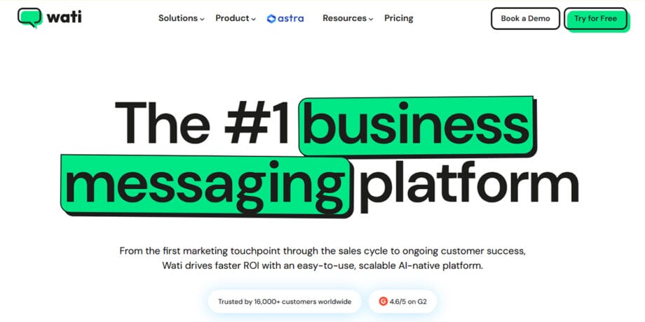 Screenshot of Wati’s homepage highlighting it as the 1 business messaging platform with options to book a demo or try for free.