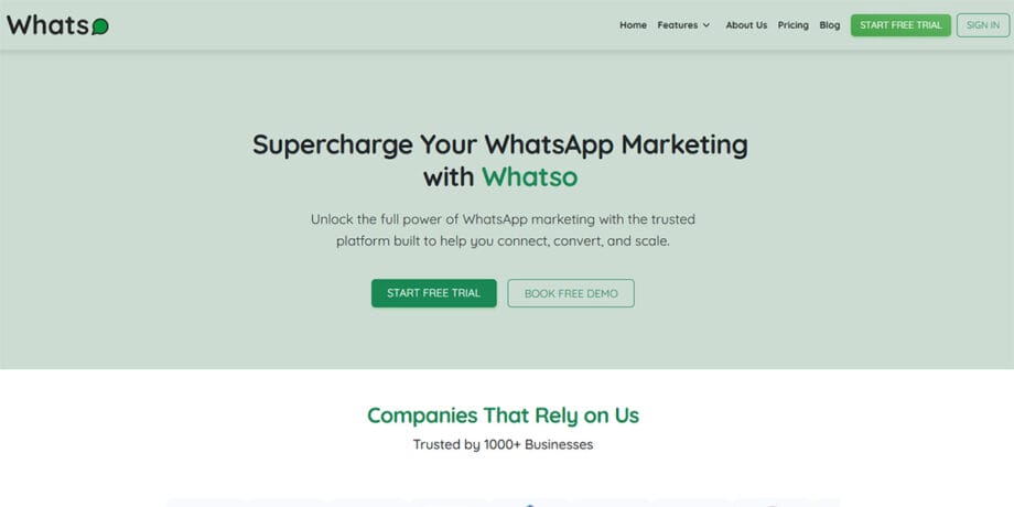 WhatsApp marketing website homepage with headlines, call-to-action buttons for free trial and demo, and a list of client companies.