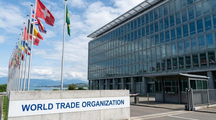 Flags from various countries stand outside the World Trade Organization building on a partly cloudy day.