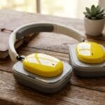 Yellow and gray over-ear headphones rest on a wooden desk beside a notebook, a camera, and a small potted plant.