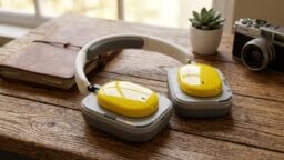 Yellow and gray over-ear headphones rest on a wooden desk beside a notebook, a camera, and a small potted plant.
