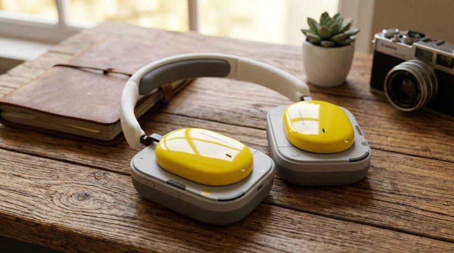 Yellow and gray over-ear headphones rest on a wooden desk beside a notebook, a camera, and a small potted plant.