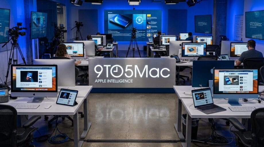 Modern office with multiple desks, computers, cameras, and a large &ldquo;9TO5Mac&rdquo; sign; people work at computers facing a presentation screen.