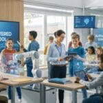 Students and teacher interact with digital screens and robots in a modern classroom labeled AI-Powered School.