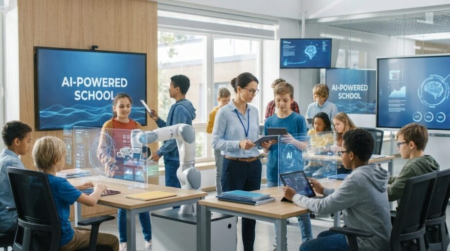 Students and teacher interact with digital screens and robots in a modern classroom labeled AI-Powered School.