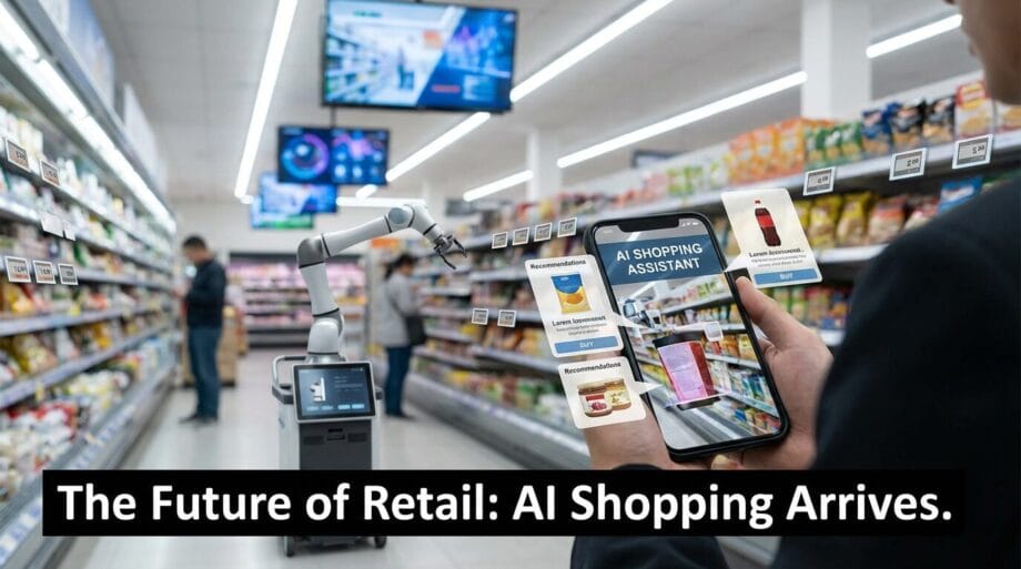 A person uses a smartphone with AI shopping assistant in a grocery store, robot nearby, digital product info displayed.