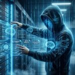 A person in a hoodie interacts with digital data displays in a server room, highlighting AI theft and data breach warnings.