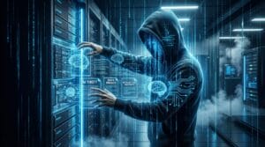 A person in a hoodie interacts with digital data displays in a server room, highlighting AI theft and data breach warnings.